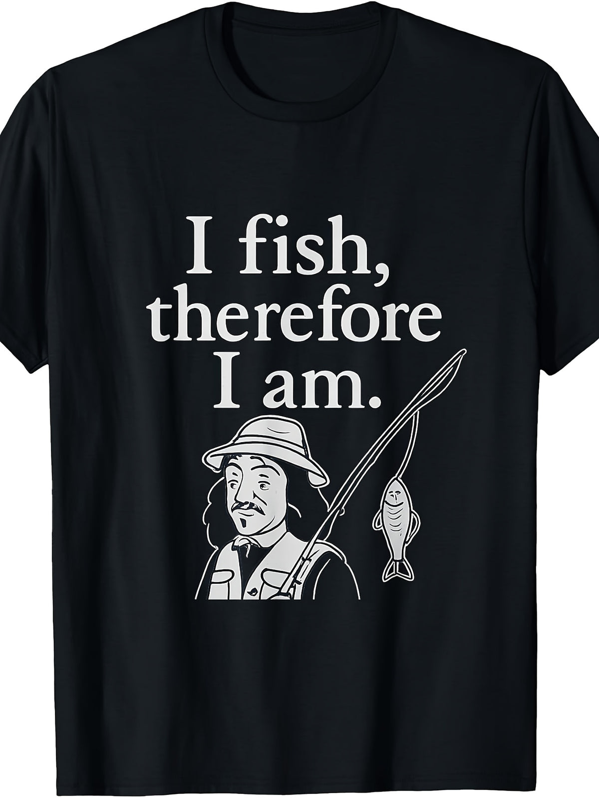Men's & Women's Funny Fishing T-Shirt - Retro "I Fish Therefore I Am" Slogan & Cartoon Angler Graphic, Casual Round Neck Tee Suitable for - Outdoor Fishing Gift, Machine Washable Fishing Apparel for