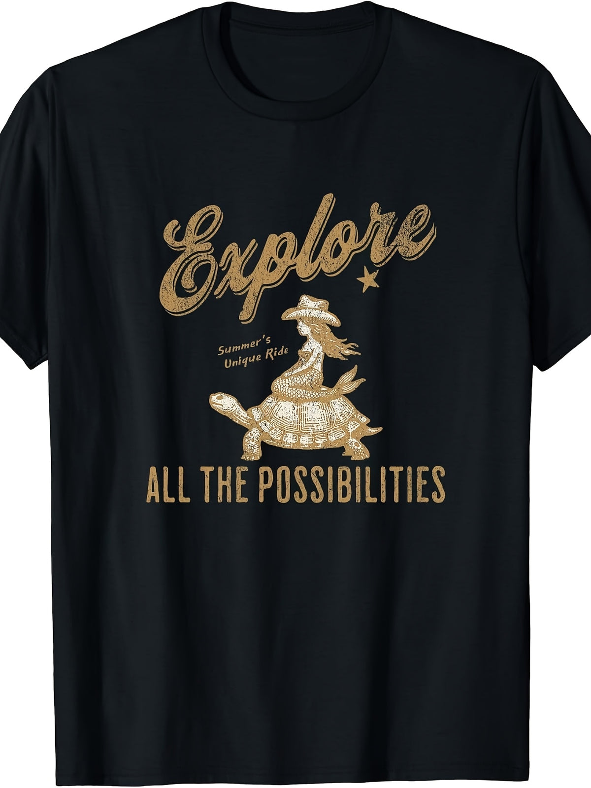 Retro, Turtle Rider Graphic, T-Shirt, Golden Explore Text, Crew Neck, Summer Adventure