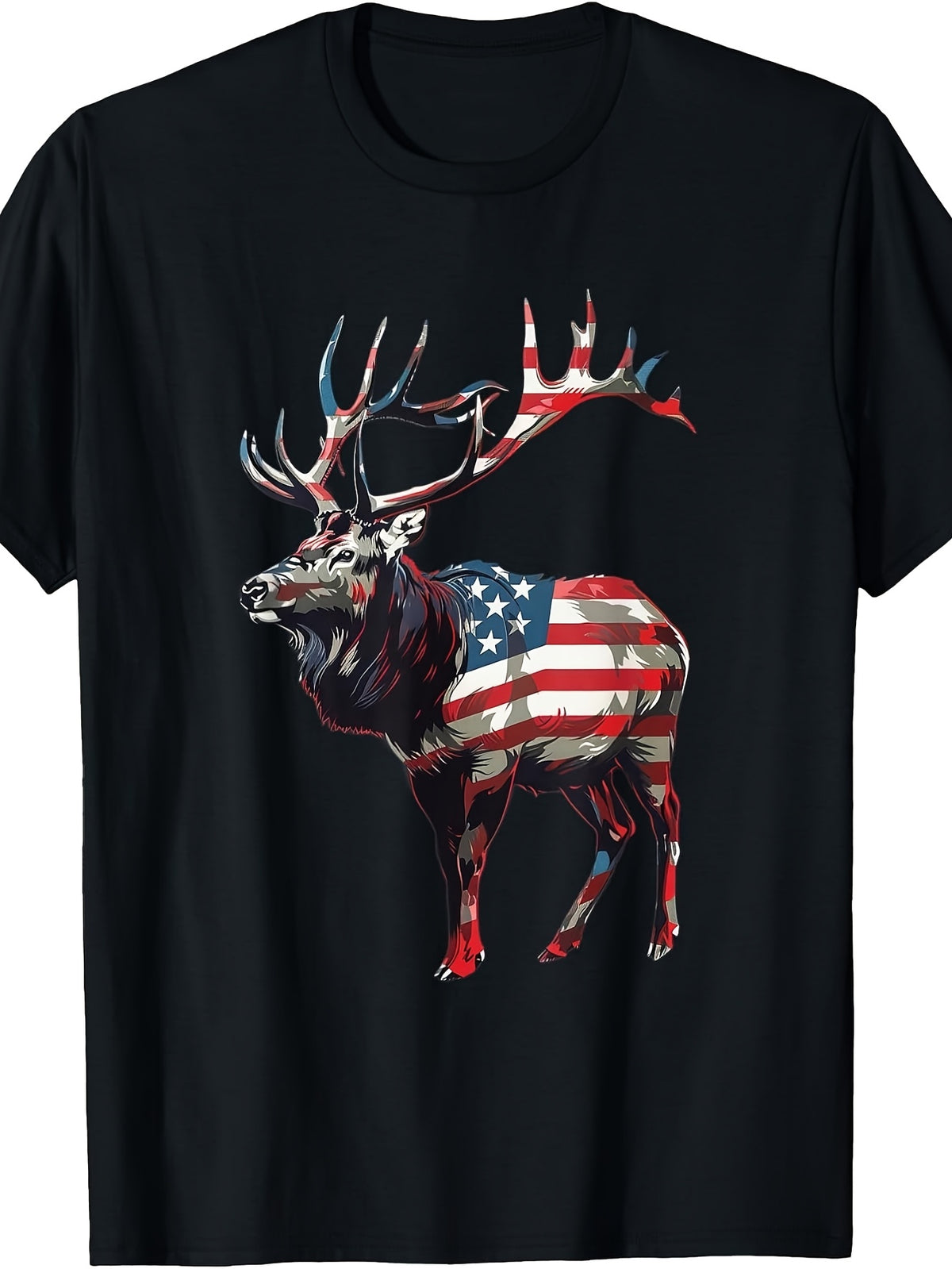 Men's & Women's Retro American Flag Elk Deer T-Shirt - Elk Hunting Graphic Suitable for 4th of July, Independence Day, Outdoor Hunting Apparel, Machine Washable Casual Round Neck Tee for Year-Round Wear ( Sizes)