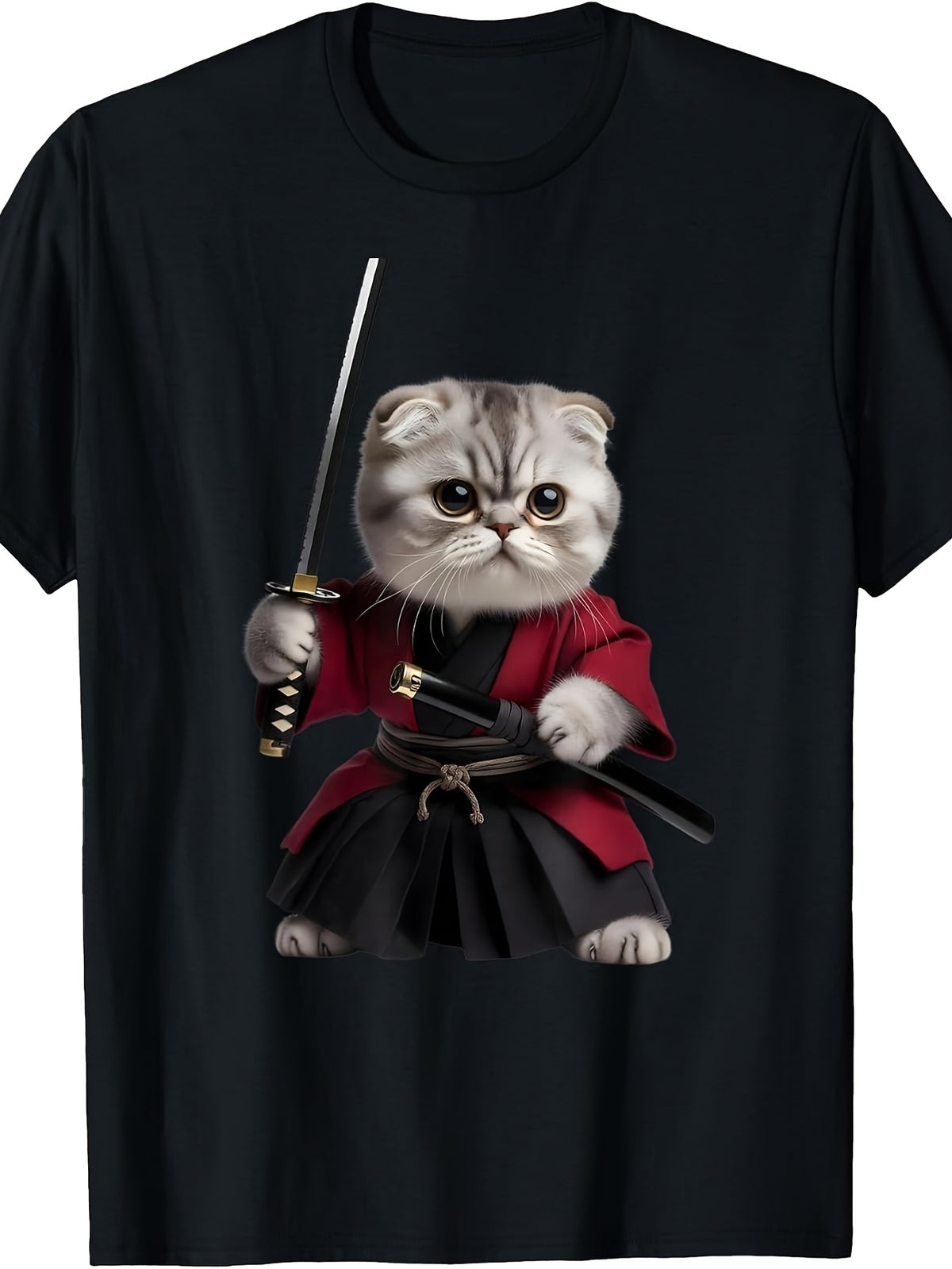 Cute Samurai Cat, Men'S And Women'S T-Shirt, Funny Kitten Warrior with Sword Design, Casual Summer Wear