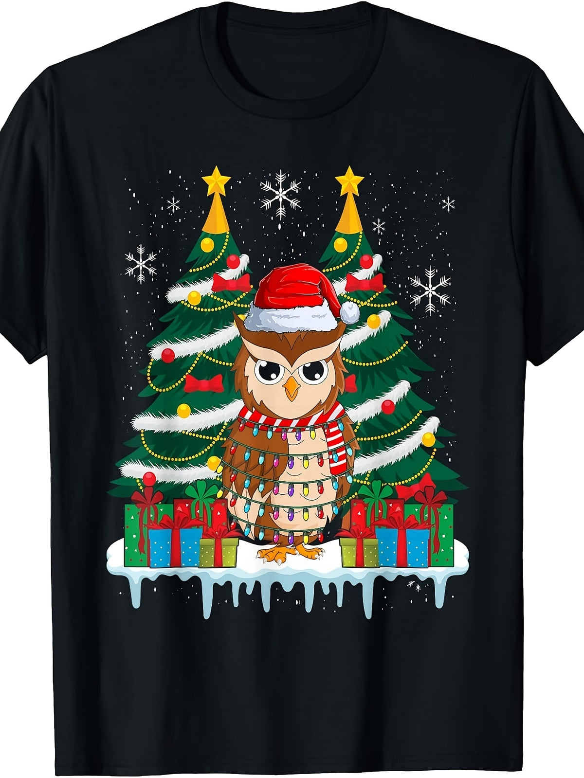 Retro Kawaii Owl Christmas T-Shirt with Santa Hat - Casual Round Neck Tee Suitable for Year-Round Wear, Machine Washable Digital Print, Festive Owl & Santa Hat for Themed Parties and Everyday Outfits